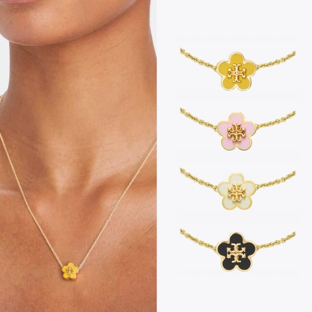 Tory Burch Double Letter Gold Plated Enamel Flower Pendant Necklace